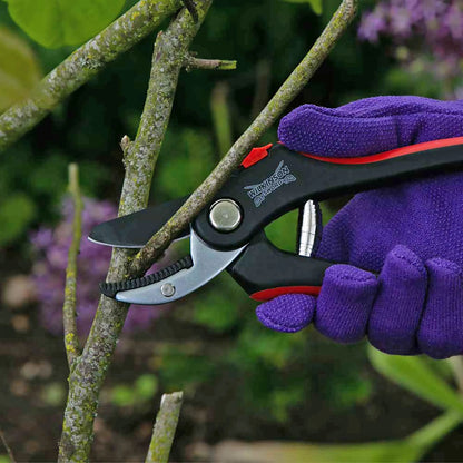 Hand wearing a purple glove using garden shears to trim branches with a blurred natural background