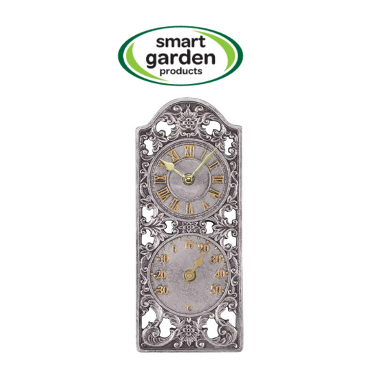 An ornate silver-toned double clock with a top Roman numeral hour face and a bottom speed dial, shown on a white background with a 'smart garden products' logo above it.