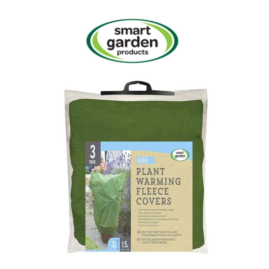 Reusable garden plant warming fleece covers with drawstring providing frost, wind and pest protection for outdoor plants