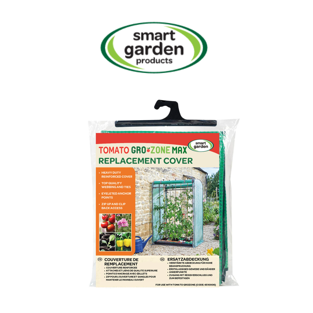 Smart Garden Products Tomato Gro+Zone Max Replacement Cover in its retail packaging, featuring a hanger pack and a printed product label showing a greenhouse setup.