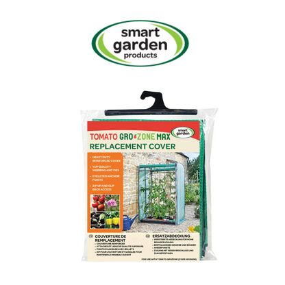 Smart Garden Products Tomato Gro+Zone Max Replacement Cover in its retail packaging, featuring a hanger pack and a printed product label showing a greenhouse setup.