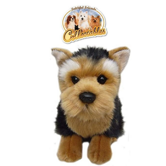 A small plush Faithful Friends Yorkshire Terrier soft toy with realistic black, tan and white plush fur in a sitting position measuring approximately 30cm. with tan, black, and white fur, shown against a plain white background. Above the toy is a circular logo that reads 'Faithful Friends Collectables' with three dogs pictured inside the logo.