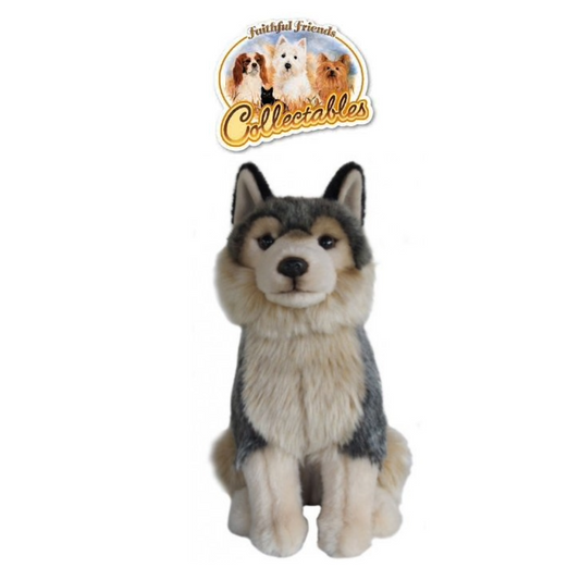 A plush dog toy shaped like a husky or malamute, sitting upright on a plain white background. Above the toy is a circular logo reading 'Faithful Friends Collectables' with small dog photos.