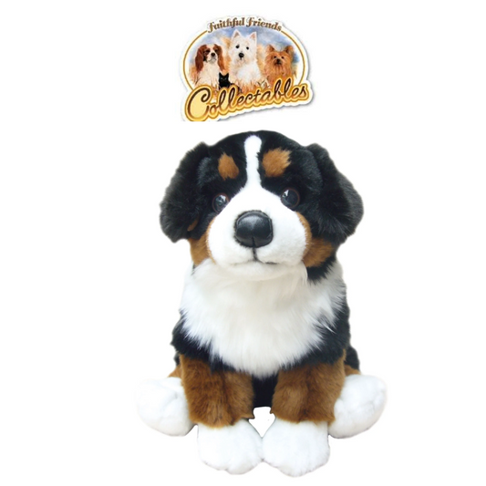 A Bernese mountain dog plush toy with black, white, and brown fur, sitting on a white background with a 'Faithful Friends Collectables' logo above its head.