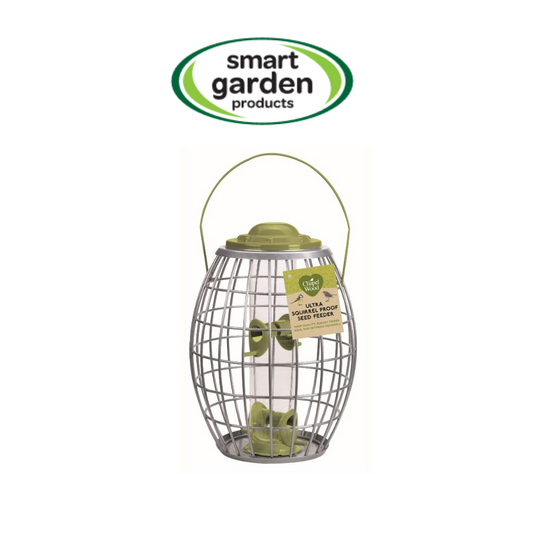 A Smart Garden Products Extra Large Bird Feeders Seed feeder in olive green and silver, shown with its hanging handle and product tag on a white background.