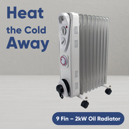 2kW Oil Filled Radiator Heater with 24-Hour Timer, Thermostat & 11 Fins | Portable Electric Heater