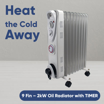 2kW Oil Filled Radiator Heater with 24-Hour Timer, Thermostat & 11 Fins | Portable Electric Heater