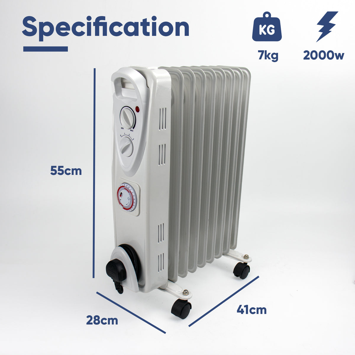 2kW Oil Filled Radiator Heater with 24-Hour Timer, Thermostat & 11 Fins | Portable Electric Heater