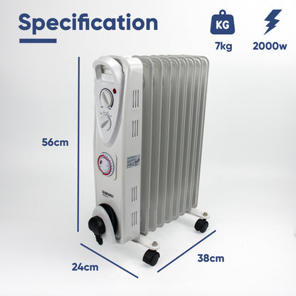 2kW Oil Filled Radiator Heater with 24-Hour Timer, Thermostat & 11 Fins | Portable Electric Heater