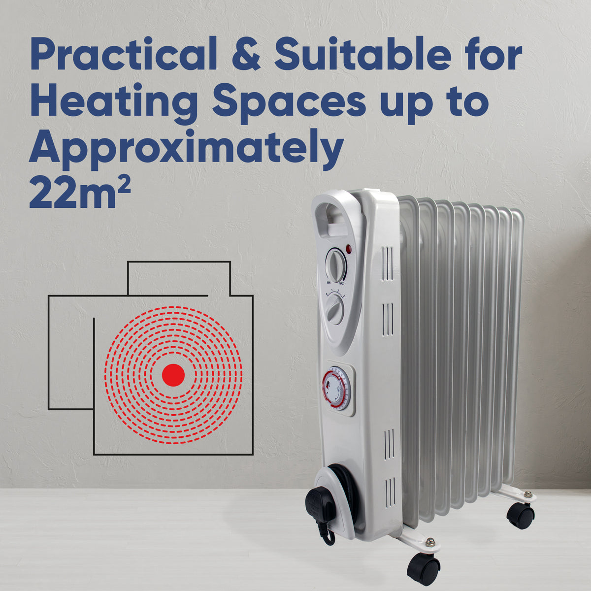 2kW Oil Filled Radiator Heater with 24-Hour Timer, Thermostat & 11 Fins | Portable Electric Heater