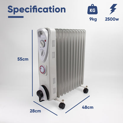 An electric radiator heater with dimension labels showing 55cm height, 28cm width, and 48cm depth, plus weight 9kg and power 2500w specifications on a light gray background.