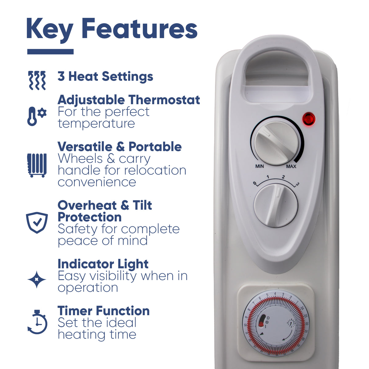 2kW Oil Filled Radiator Heater with 24-Hour Timer, Thermostat & 11 Fins | Portable Electric Heater