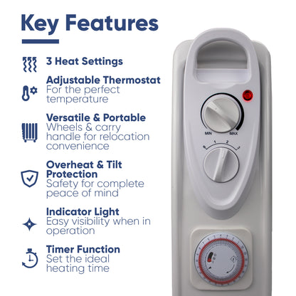 2kW Oil Filled Radiator Heater with 24-Hour Timer, Thermostat & 11 Fins | Portable Electric Heater