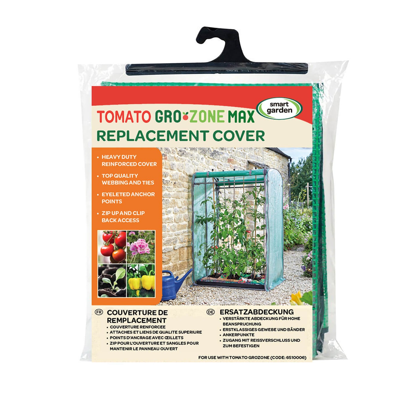 Smart Garden Tomato Gro & Zone Max Replacement Cover in its retail packaging, featuring a hanging hook and a clear plastic sleeve showing the green and white cover material.