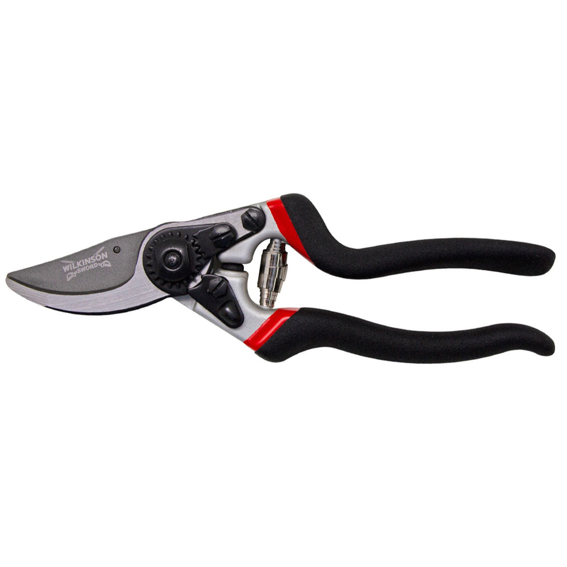 Pruning shears with black handles and a silver blade on a white background