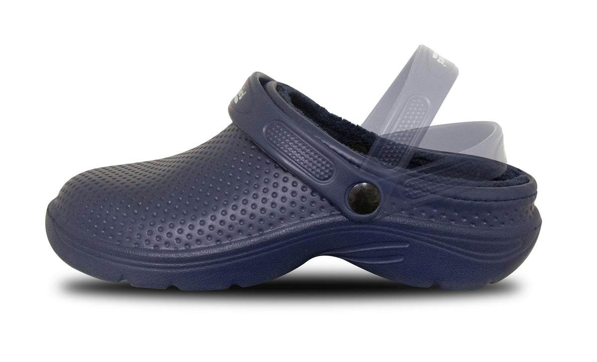 A single navy blue Croc-style clog shoe shown in a side profile on a white background.