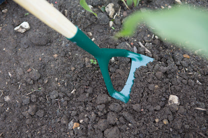 Close-up of flat carbon steel blade removing weeds