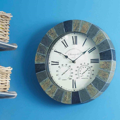 Outside In Stonegate Wall Clock & Thermometer 14" - Slate