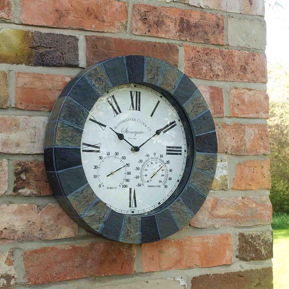 Outside In Stonegate Wall Clock & Thermometer 14" - Slate