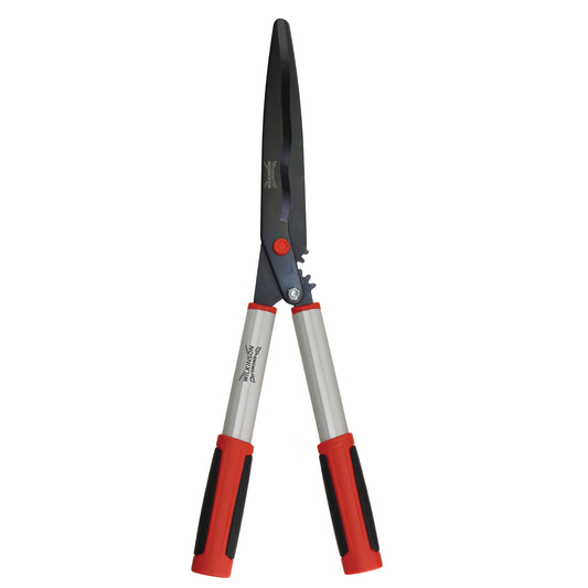 A pair of long-handled garden shears with black metal blades, silver handles, and red and black grip accents, shown against a plain white background.