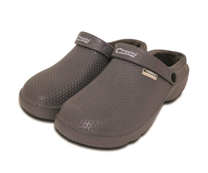 A pair of dark gray Town & Country  brand clogs which can be slipped on, shown on a plain white background.
