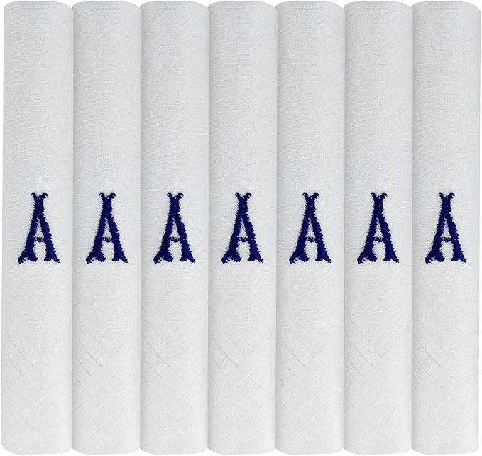 White 100% Cotton Handkerchief – Pack of 7, Navy Embroidered Initial – Choose Your Letter