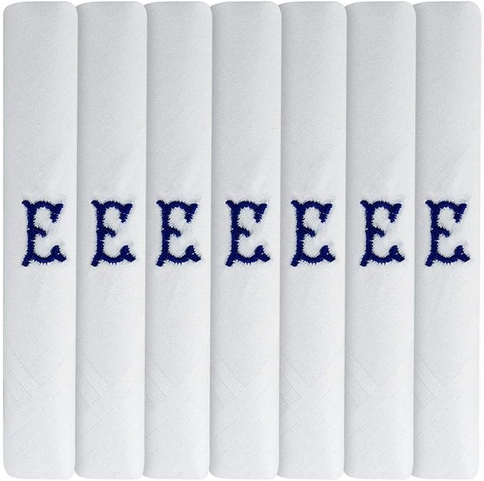 White 100% Cotton Handkerchief – Pack of 7, Navy Embroidered Initial – Choose Your Letter