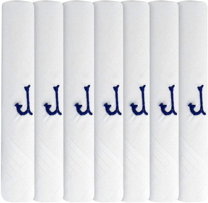 White 100% Cotton Handkerchief – Pack of 7, Navy Embroidered Initial – Choose Your Letter