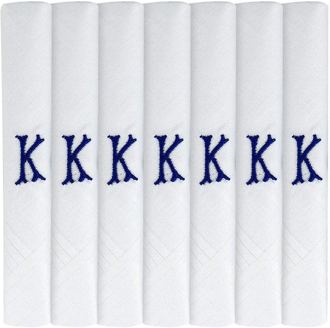 White 100% Cotton Handkerchief – Pack of 7, Navy Embroidered Initial – Choose Your Letter