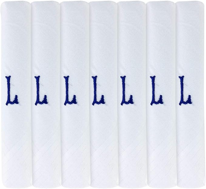 White 100% Cotton Handkerchief – Pack of 7, Navy Embroidered Initial – Choose Your Letter
