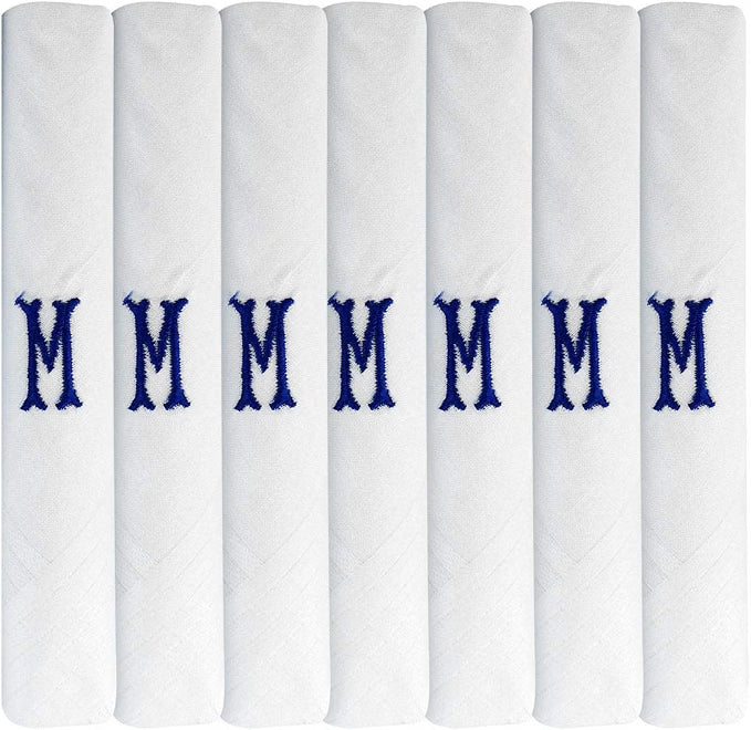 White 100% Cotton Handkerchief – Pack of 7, Navy Embroidered Initial – Choose Your Letter