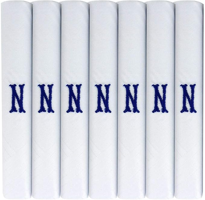 White 100% Cotton Handkerchief – Pack of 7, Navy Embroidered Initial – Choose Your Letter