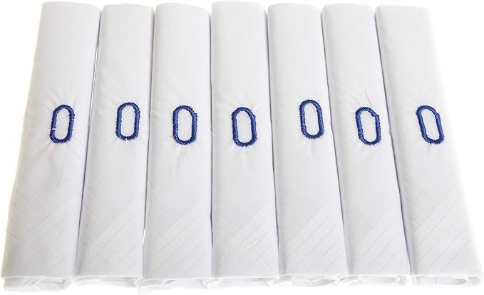 White 100% Cotton Handkerchief – Pack of 7, Navy Embroidered Initial – Choose Your Letter