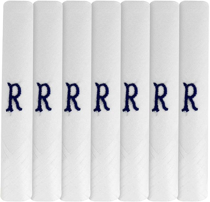 White 100% Cotton Handkerchief – Pack of 7, Navy Embroidered Initial – Choose Your Letter