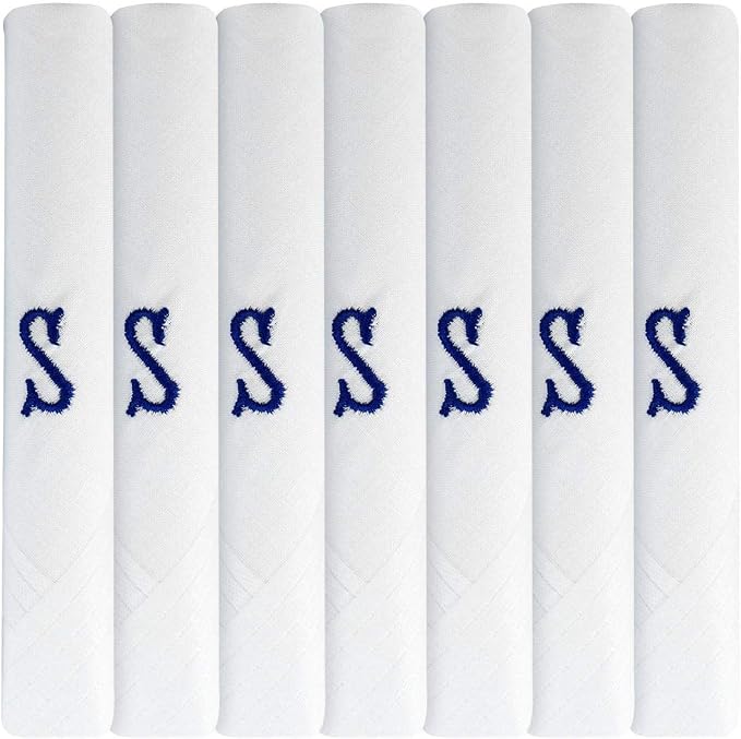 White 100% Cotton Handkerchief – Pack of 7, Navy Embroidered Initial – Choose Your Letter