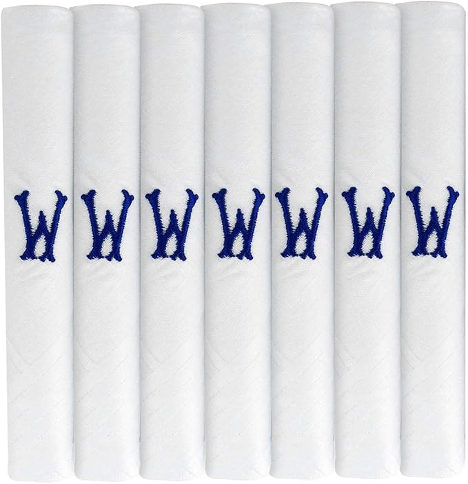 White 100% Cotton Handkerchief – Pack of 7, Navy Embroidered Initial – Choose Your Letter