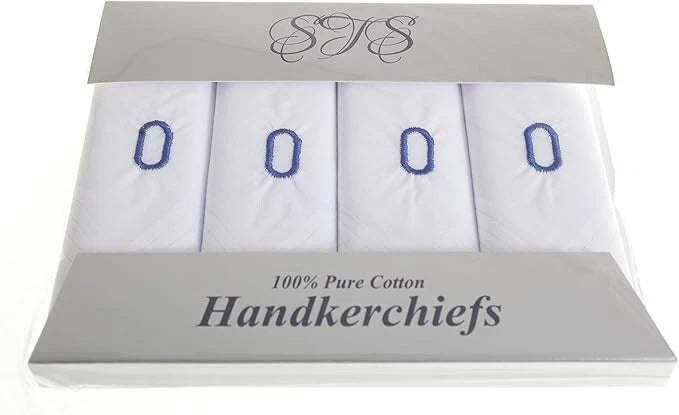 A 4-pack of white cotton handkerchiefs in a clear plastic clamshell package with a gray cardboard insert. Each handkerchief has a blue embroidered 'O' motif, and the packaging features the monogram 'STS' and the text '100% Pure Cotton Handkerchiefs'.