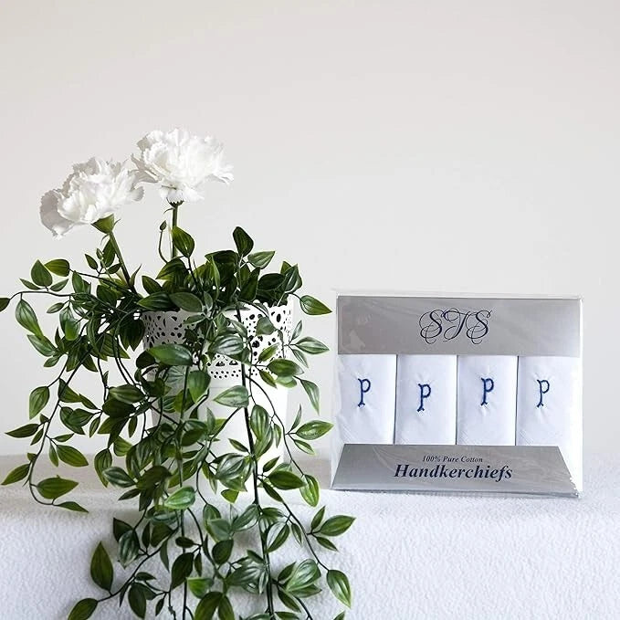 A silver 4-piece handkerchief calendar block displaying 'STS' and 'P' with four white handkerchiefs underneath, styled next to a green artificial plant on a white surface against a white wall.