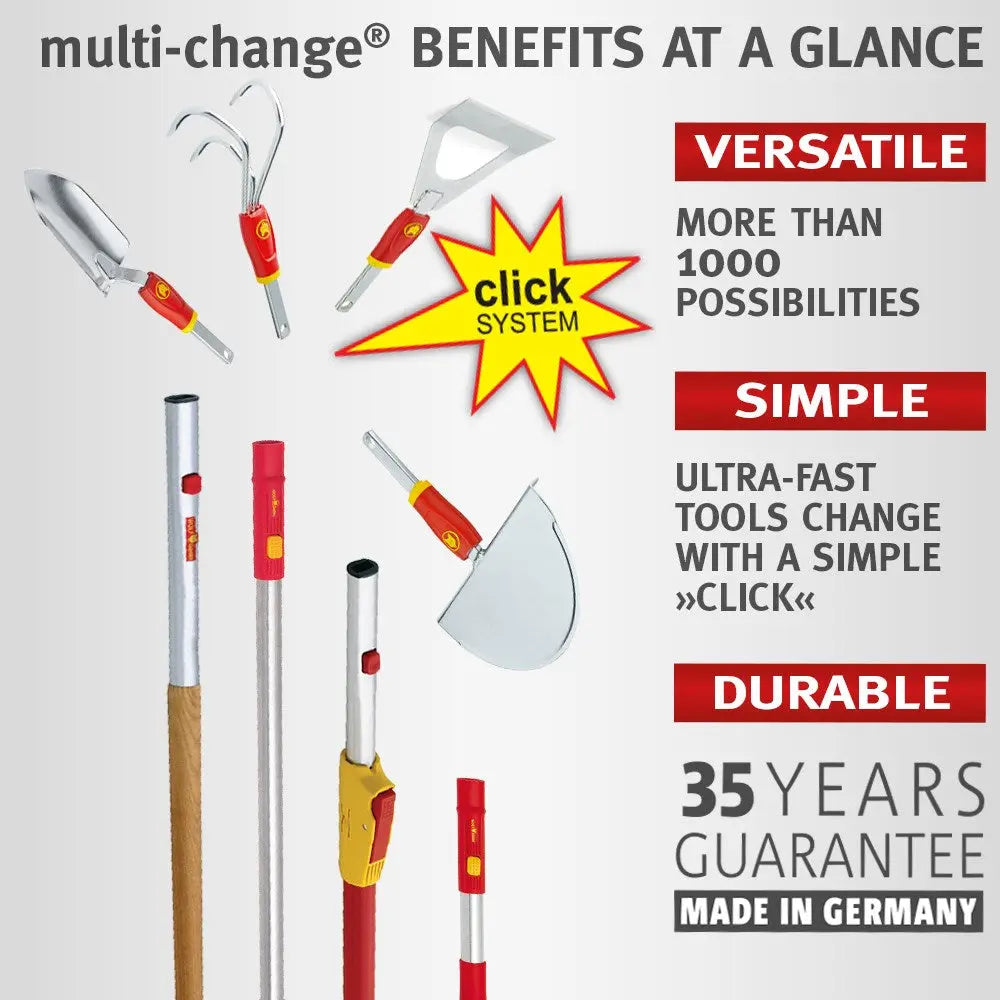 Wolf Garten Multi-change benefits at a glance poster showing how versatile, simple and durable the products are.
