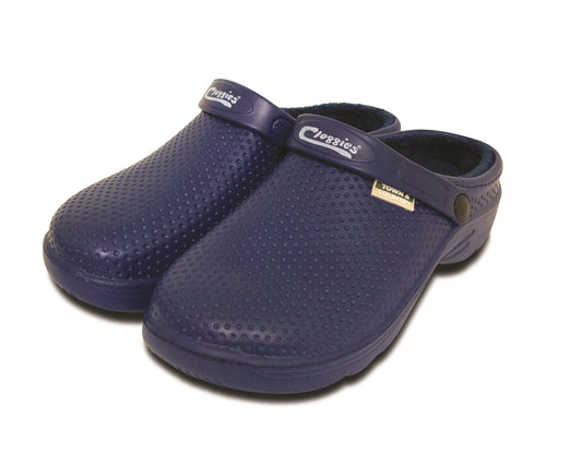 A pair of navy blue 'town & country clogs with a movable ankle strap and fleecy lining,  shown on a white background.