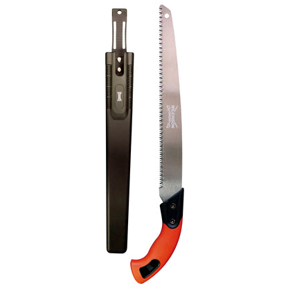 A folding hand saw with a silver metal blade and bright orange handle, shown next to its black plastic sheath on a plain white background.
