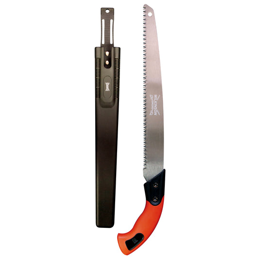 A folding hand saw with a silver metal blade and bright orange handle, shown next to its black plastic sheath on a plain white background.