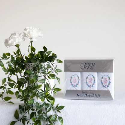 Ladies’ 100% cotton handkerchiefs with pink and blue embroidered initial B – pack of 3 gift wrapped
