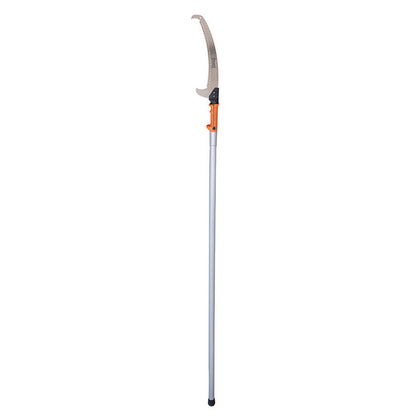 A long-handled pruning saw with a curved silver blade, orange handle, and black tip, shown against a plain white background.