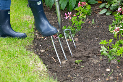 close up of head of Wilkinson Sword Stainless Steel Border Fork with mirror-polished stainless steel head and weatherproof ash handle for cultivating borders and lifting plants