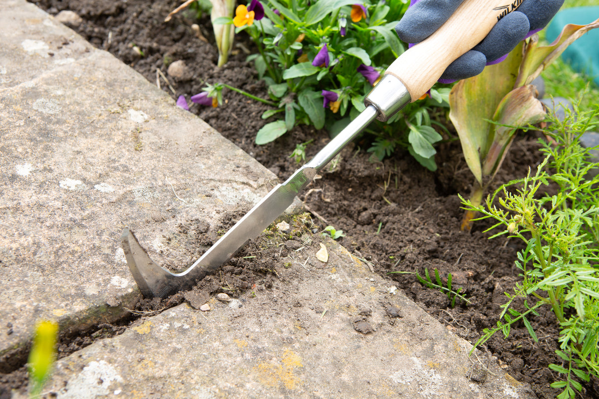 Using the Wilkinson Sword stainless steel patio knife to remove weeds between patio slabs and block paving.