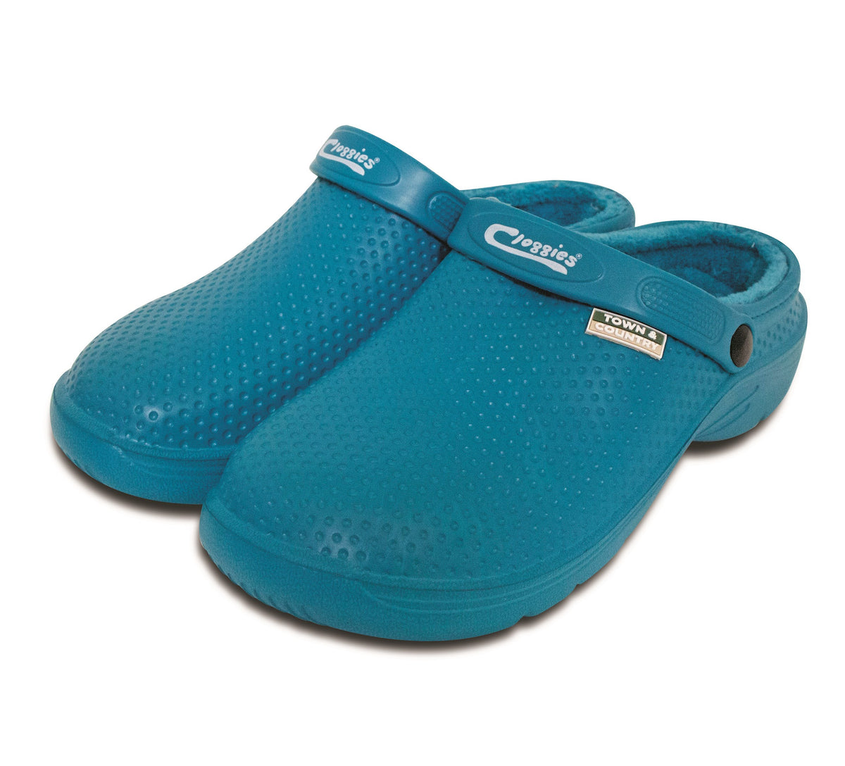 A pair of teal blue Town & Country clogs with  movable ankle strap displayed on a clean white background.