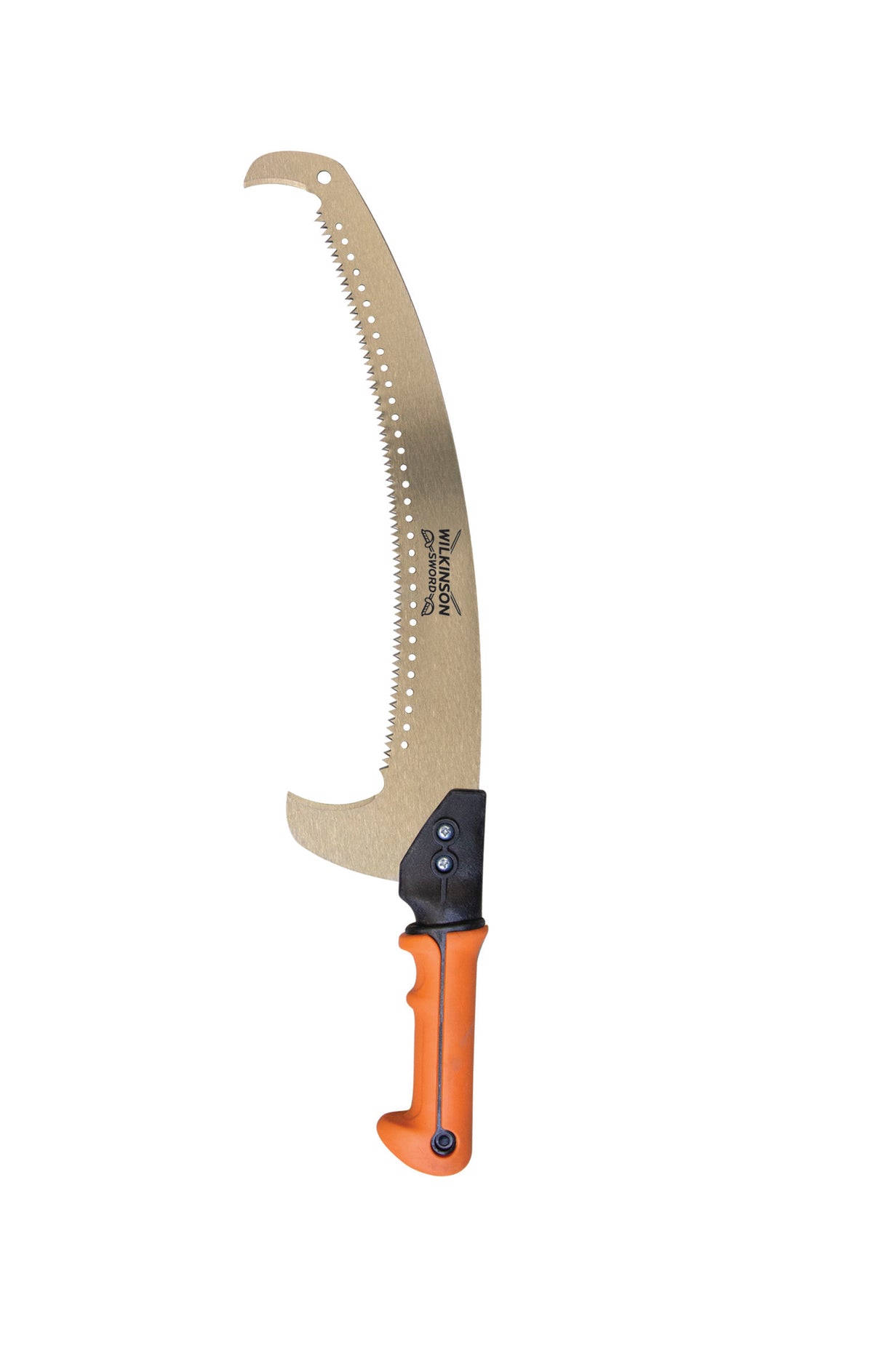 A curved hand saw with a metallic gold blade, a black and orange handle, and a hook-like blade tip, shown against a plain white background.