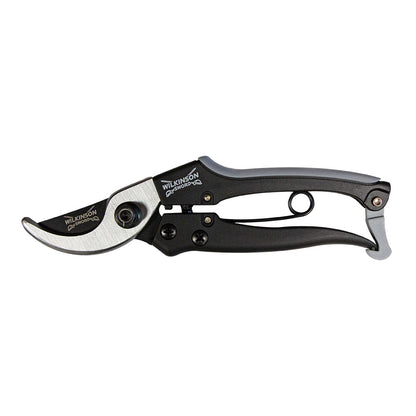 Pruning shears with black and silver design on a white background