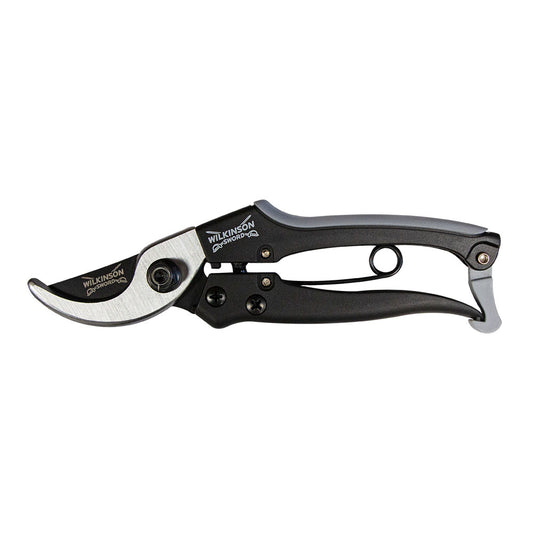 Pruning shears with black and silver design on a white background
